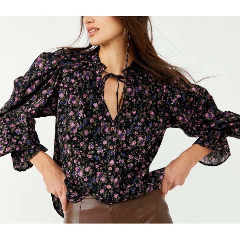 Free People Black Floral Ruffle Tie-Neck Blouse